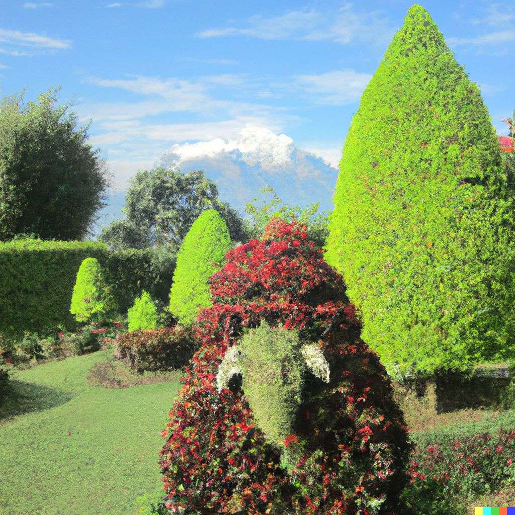 topiary in the shape of someone gazing at Mount Everest